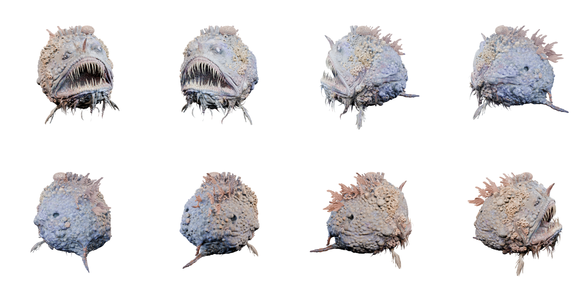 Eight-view contact sheet of a generated and packaged Gange creature