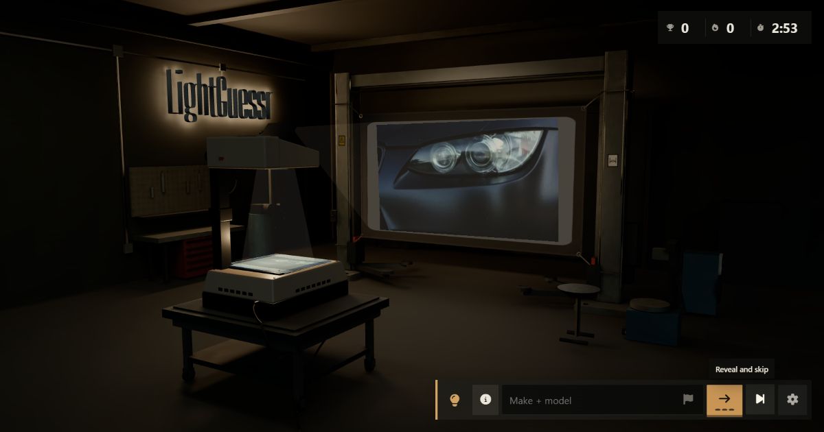 A cropped car headlight projected onto a screen in LightGuessr’s dark 3D garage