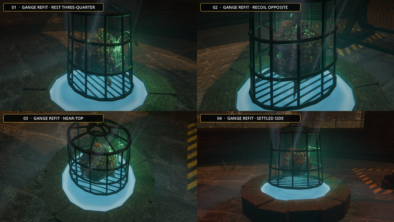 Four in-game views of a Gange creature contained in the tower’s catch cage