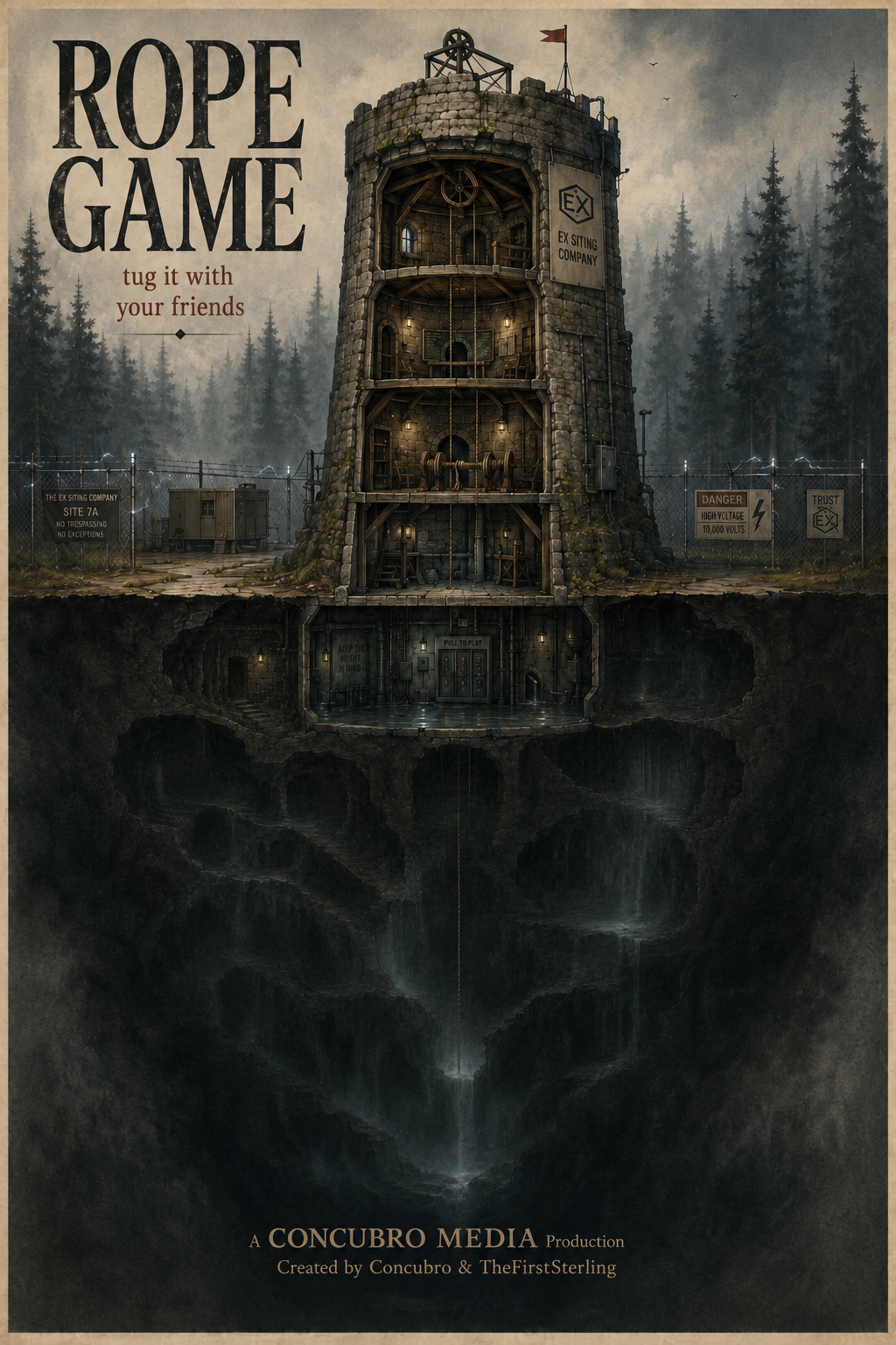 Illustrated cutaway poster of Rope Game’s forest tower and the deep shaft beneath it